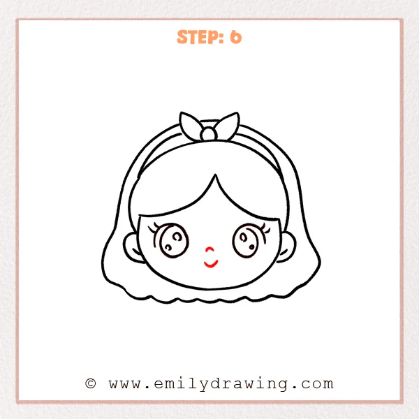 how to draw a girl face - Step 6 of how to draw a girl face adds a tiny curved nose and a small smiling mouth beneath the eyes.